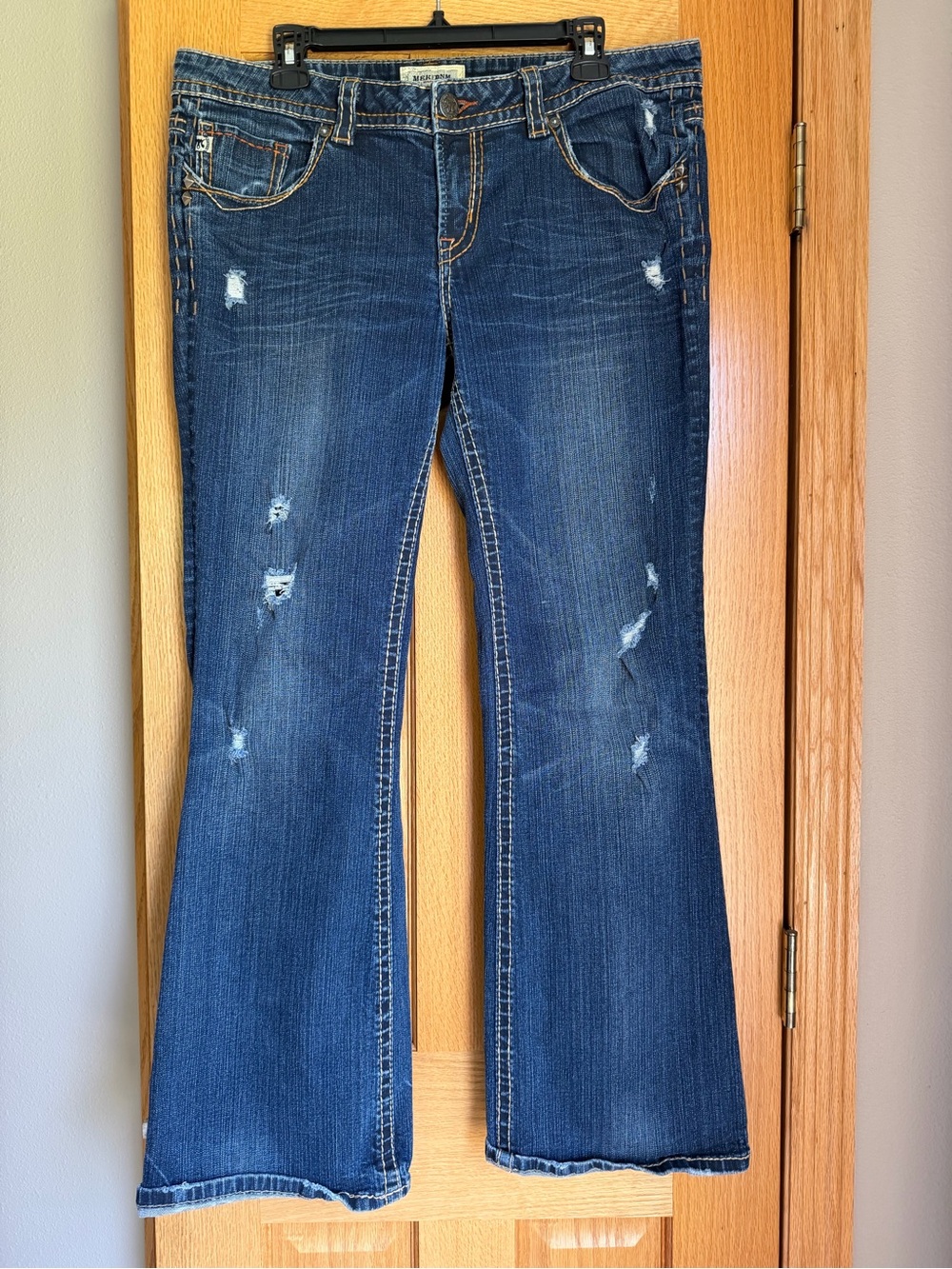 Mek Denim Buckle Las Tunas Bootcut Jeans Distressed Blue Wash Size 34x32
